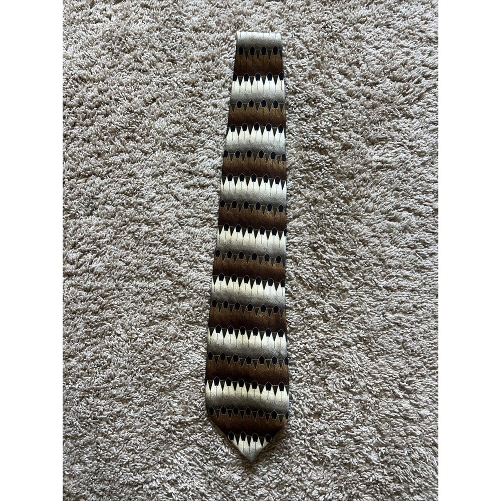 Mosaic Tie Geometric Stripe Black Brown Gray 100% Silk 56”